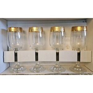 Cellini 24K GOLD Trim Etched Blown Crystal Wine Glasses Set of 4 Italy